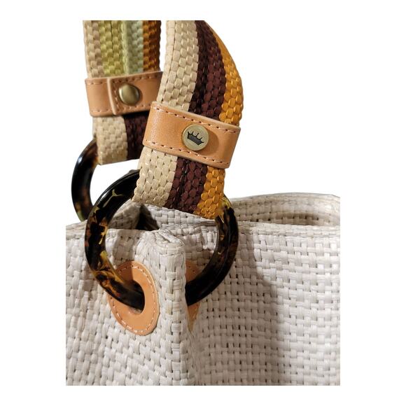 Elaine Turner Beige Woven Straw Handbag with Multicolor Double Handle - Picture 9 of 12